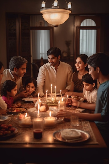 Uma família está sentada à mesa de jantar com velas acesas na mesa.