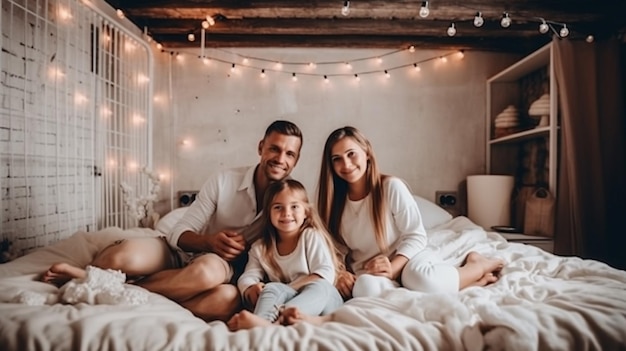 Uma família está sentada em uma cama com uma série de luzes penduradas no teto.