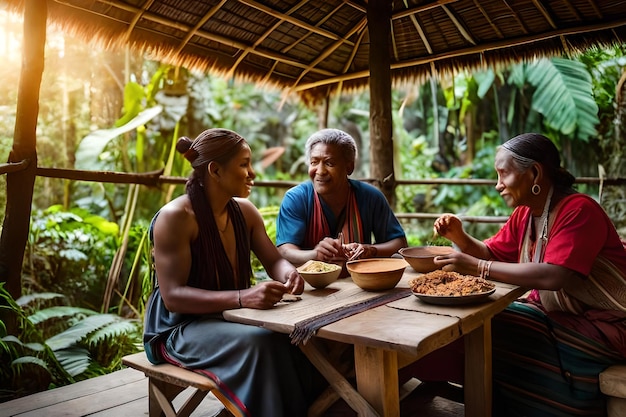 Uma família está sentada em uma mesa com comida e um homem vestindo uma camisa azul e a mulher está comendo com uma mulher.