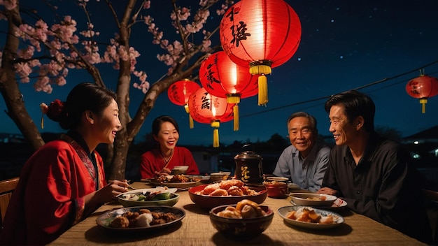 Foto uma família está sentada em uma mesa com lanternas chinesas e a palavra citação feliz na parede
