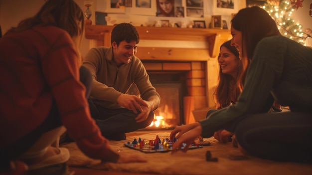 Uma família está sentada no chão em frente a uma lareira jogando um jogo de tabuleiro AIG41