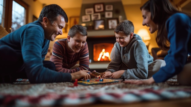 Uma família está sentada no chão em frente a uma lareira jogando um jogo de tabuleiro