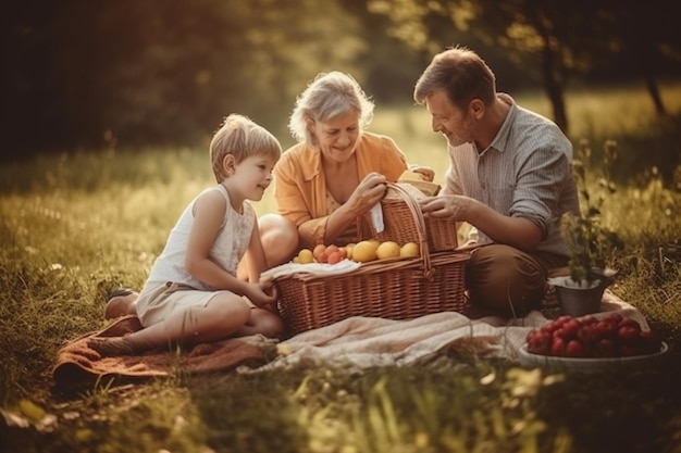 Uma família fazendo um piquenique no parque