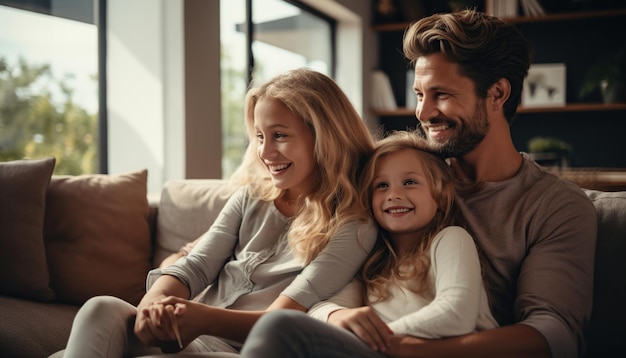 Uma família feliz a divertir-se em casa.