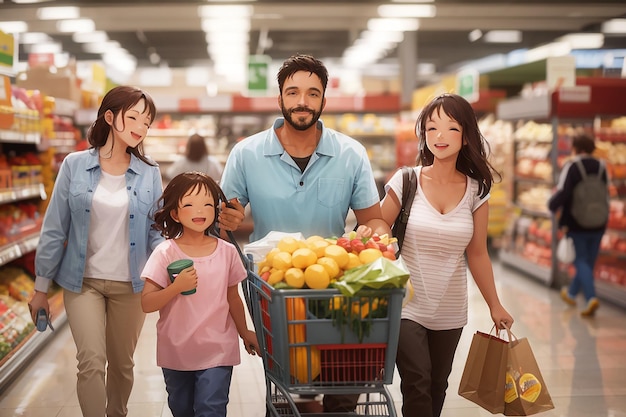 Foto uma família feliz a fazer compras no supermercado