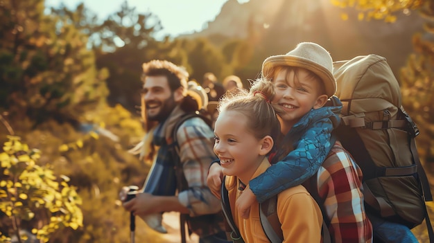 Foto uma família feliz a fazer uma caminhada nas montanhas. estão todos a sorrir e parecem estar a desfrutar do tempo juntos.