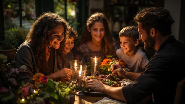 Uma família feliz a jantar juntos no jardim de casa.