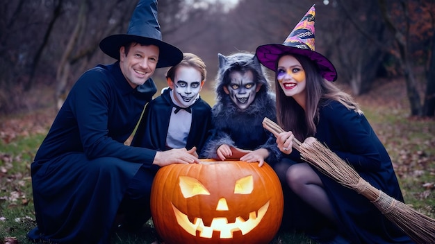 Uma família feliz a passar o Dia das Bruxas juntos.