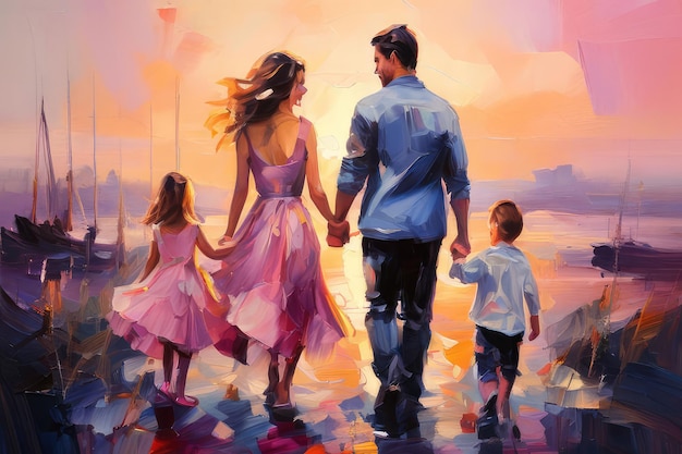 Uma família feliz a passear ao ar livre. Mãe, pai e filhos juntos.