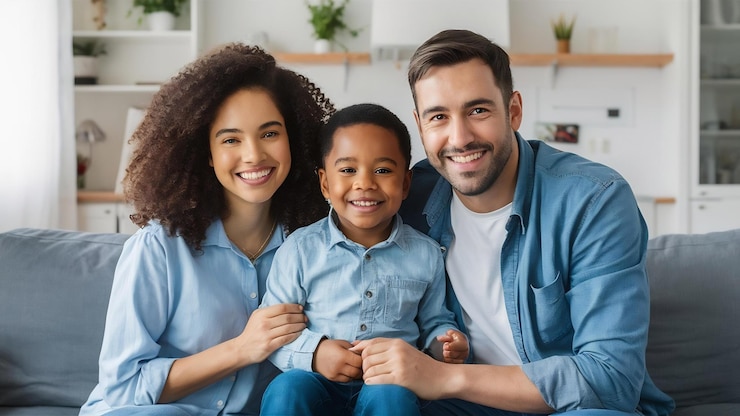 Foto uma família feliz a sorrir em casa.