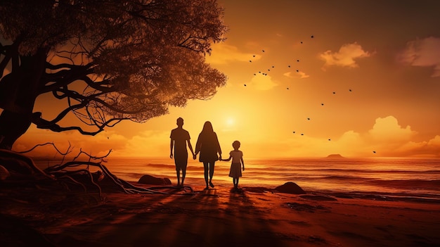 Uma família feliz caminha na praia ao pôr do sol AI generative