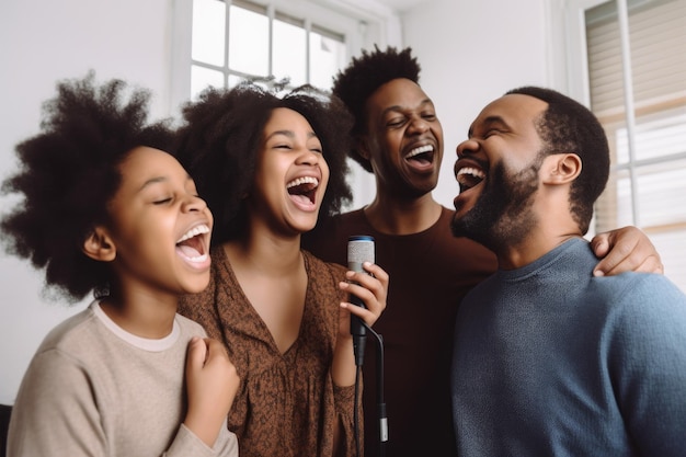 Uma família feliz cantando juntos em casa criada com IA generativa