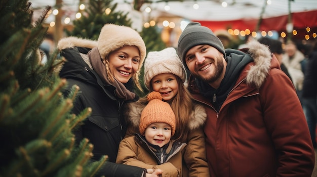 Uma família feliz com uma criança e pais escolhe uma árvore de Ano Novo no mercado de árvores de Natal Merr