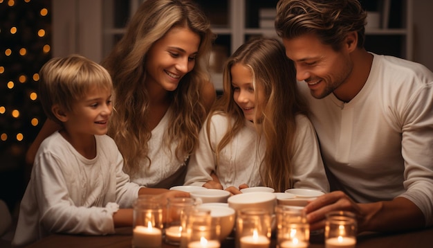 Foto uma família feliz comemorando o natal sentada em torno de uma fogueira aconchegante gerada pela ia