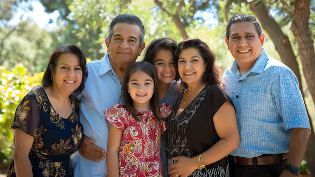 Foto uma família feliz de cinco pessoas está posando para uma foto em um parque a família inclui dois avós dois pais e uma criança pequena