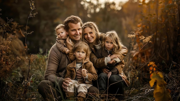 Uma família feliz de cinco pessoas na floresta de outono estão sorrindo e abraçando-se o sol está brilhando através das árvores