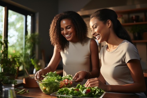 Foto uma família feliz de lésbicas passa tempo na cozinha fazendo uma salada saudável juntos