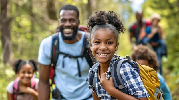 Uma família feliz de quatro pessoas a fazer uma caminhada na floresta. Estão todos a sorrir e parecem estar a desfrutar do tempo juntos.