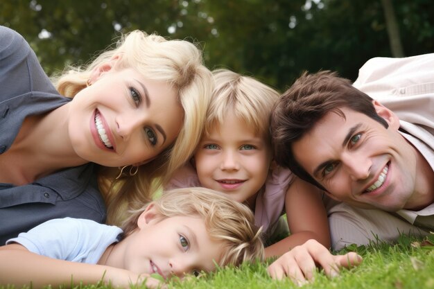 Uma família feliz de quatro pessoas deitada na grama em um jardim criado com IA generativa