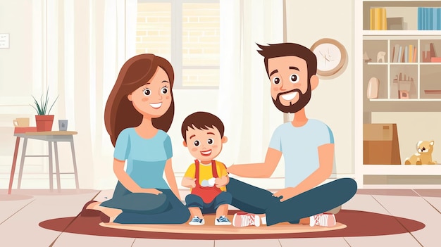 Uma família feliz desfruta de tempo de qualidade juntos em uma sala de estar aconchegante durante uma tarde ensolarada, criando lembranças queridas com seu filho pequeno