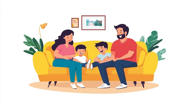 Uma família feliz desfrutando de tempo de qualidade juntos em sua aconchegante sala de estar cheia de plantas e decoração alegre