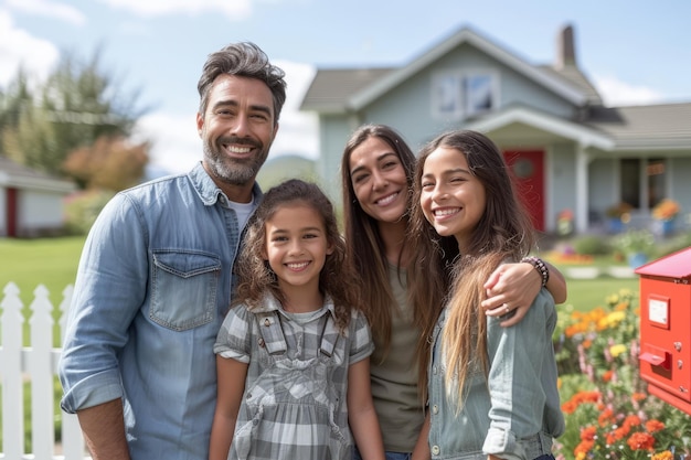 Uma família feliz em frente à casa.