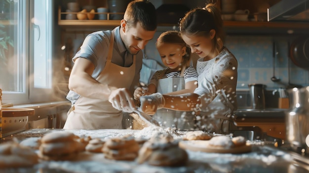 Foto uma família feliz está a cozinhar juntos na cozinha, cobertos de farinha e a divertir-se muito.