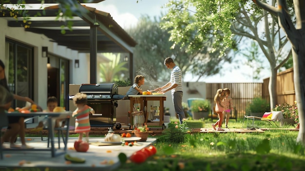 Uma família feliz está a fazer um churrasco no quintal. Estão a divertir-se juntos.