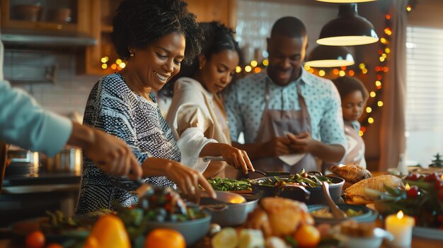 Foto uma família feliz está cozinhando juntos na cozinha eles estão preparando uma refeição de férias a mãe está sorrindo e mexendo uma panela de comida