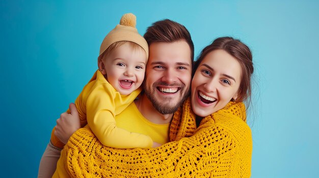 Uma família feliz no fundo azul do estúdio