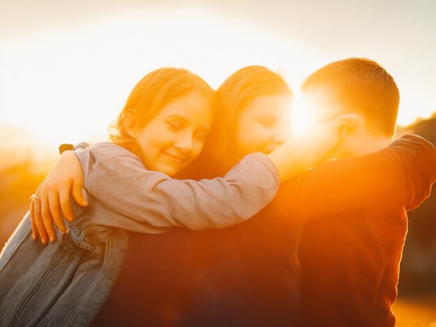 Foto uma família feliz num abraço caloroso iluminada pelos raios dourados do pôr-do-sol.