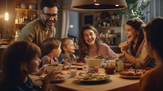 Uma família feliz sentada em torno de uma mesa IA generativa