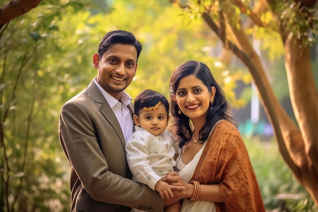 uma família indiana sorridente segurando seu filho em um parque