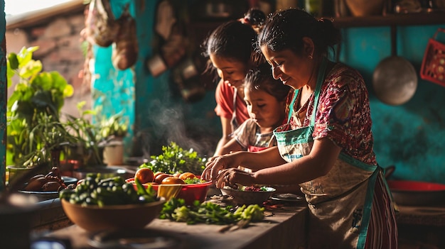 Uma família latina se unindo ao cozinhar com seus filhos na cozinha em sua casa no México com a cultura hispânica