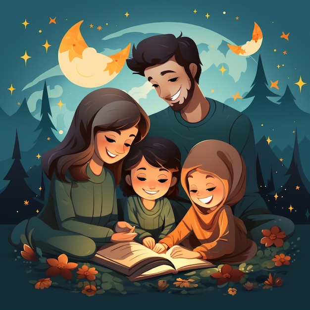 uma família lendo um livro com uma lua e estrelas ao fundo