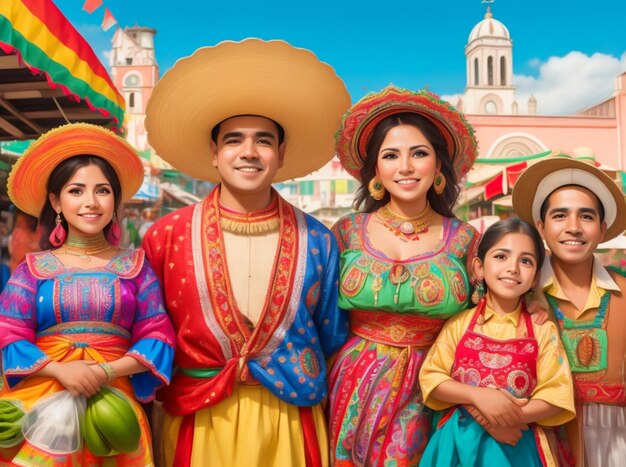Uma família mexicana vibrante e diversificada, todos com sorrisos brilhantes e roupas tradicionais coloridas
