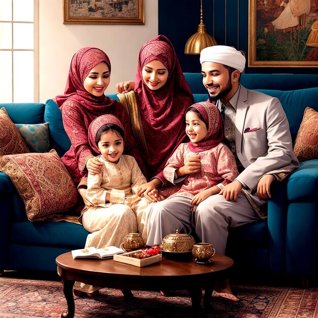 Uma família muçulmana diversa e única radiante de alegria se reuniu AI_Generated