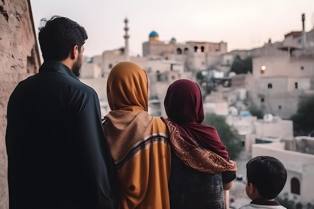 Uma família muçulmana olha para a mesquita de um telhado