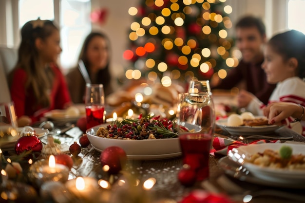 Foto uma família multicultural desfrutando de um jantar de férias com pratos tradicionais e decorações festivas no