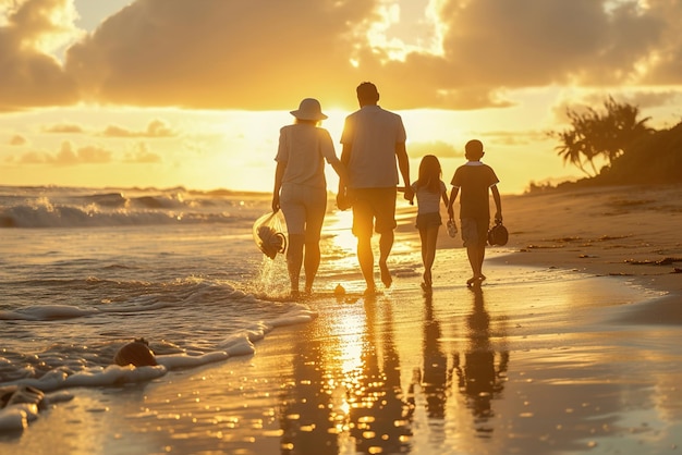 Uma família multigeracional passeia pela beira das águas, coletando conchas e criando cherishe.