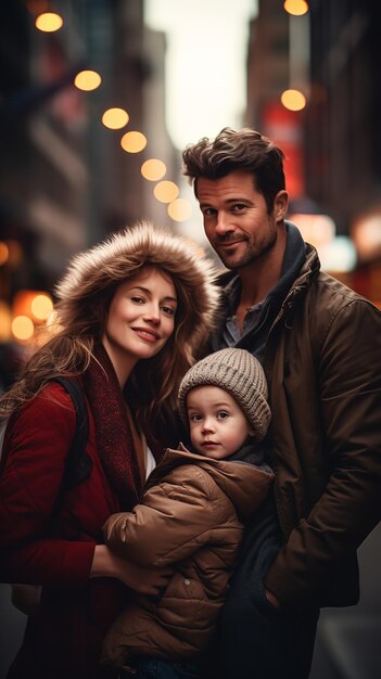 Uma família numa rua da cidade, um homem, uma mulher e um miúdo.