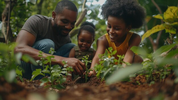 Uma família plantando flores em seu jardim