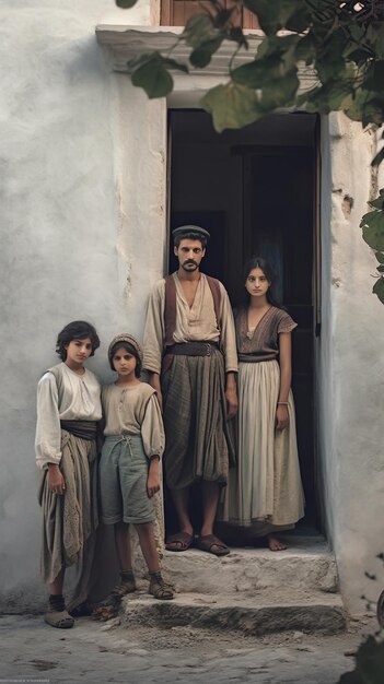 uma família posa em frente a uma casa com uma criança em primeiro plano