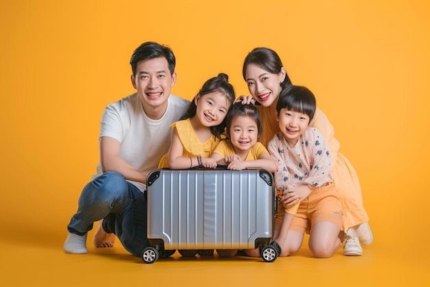 uma família posa para uma foto com uma mala