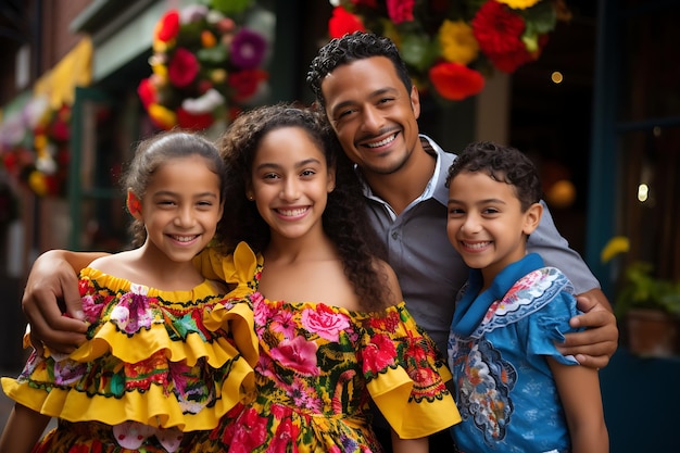 uma família posa para uma foto em frente a uma loja