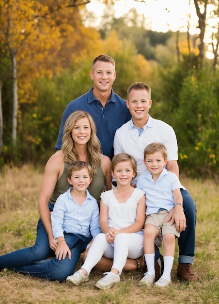 Foto uma família posa para uma foto na frente de uma floresta