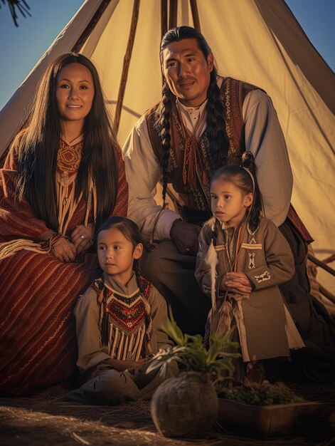 uma família posa para uma foto na frente de uma tenda