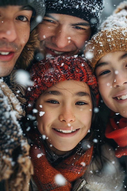 uma família posa para uma foto na neve