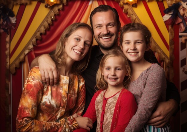 Foto uma família posando junta em uma cabine fotográfica de carnaval