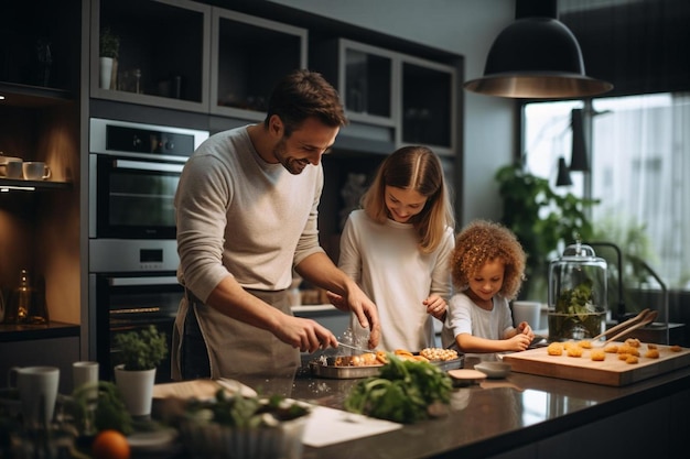 Uma família preparando comida na cozinha com fogão e fogão.